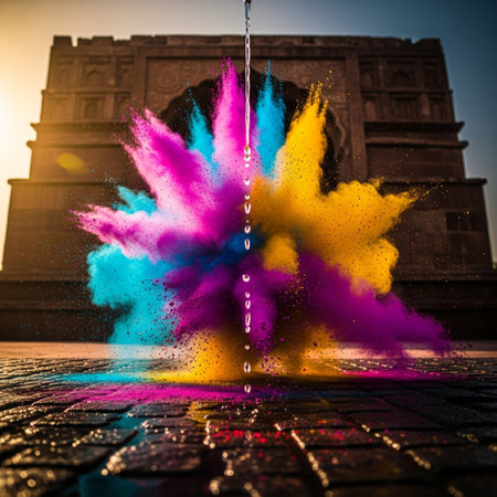 Colorful holi powder splashing over India Gate in Delhi, Indiaの素材