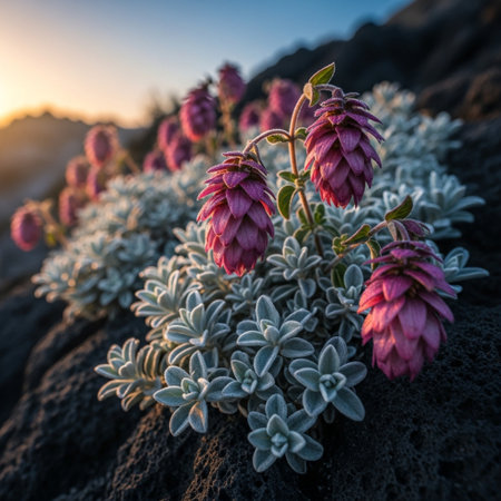 Beautiful pink flowers on the rocks at sunset. Floral backgroundの素材