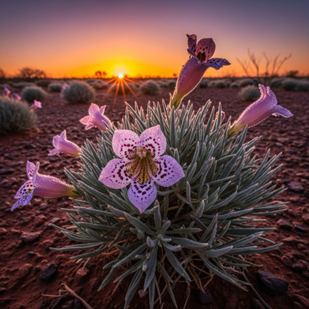 Sunset in the desert of Namibia with blooming pink flowersの素材