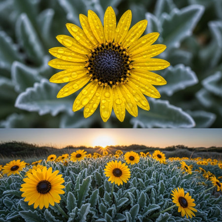 Sunset over a field of yellow sunflowers. Collage.の素材