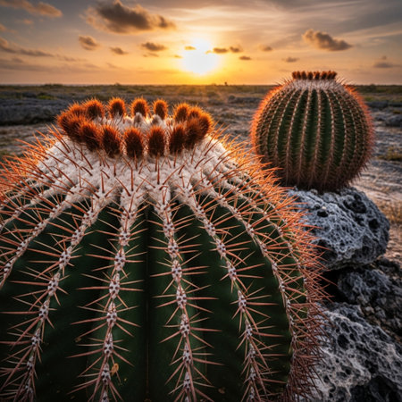 Cactuses at sunset in the desert of Saguaro National Park, Arizonaの素材