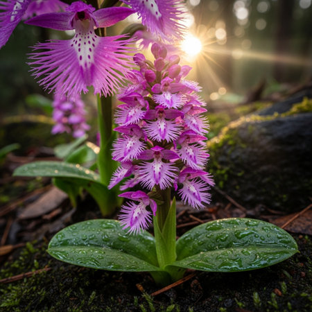 Beautiful wild orchids blooming in the forest with sunlightの素材