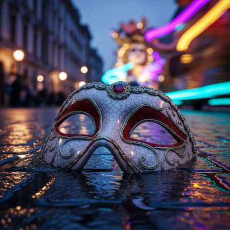 Traditional carnival mask on the street at night in Paris, Franceの素材