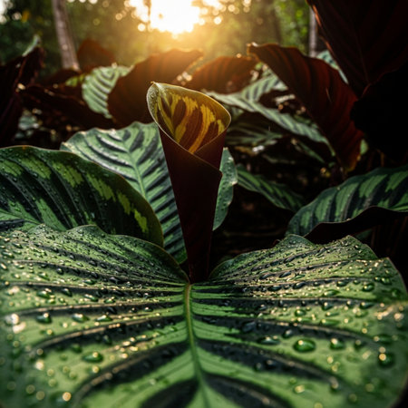 Raindrops on the leaves of a tropical plant in the rainforest.の素材