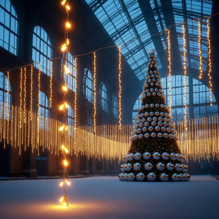 Christmas tree in a large hall with christmas lights. 3d renderingの素材