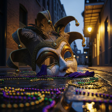 Traditional Venetian carnival mask with beads in the street.の素材