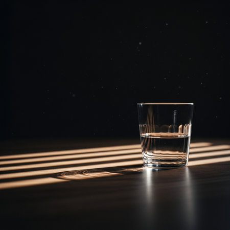 Glass of whiskey on wooden table with sunbeams and dark backgroundの素材