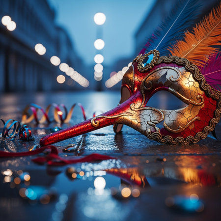 Carnival mask with feathers on the street in Venice, Italyの素材