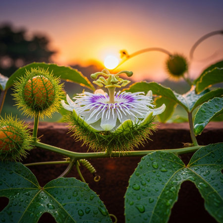 Passiflora caerulea flower with sunset background.の素材