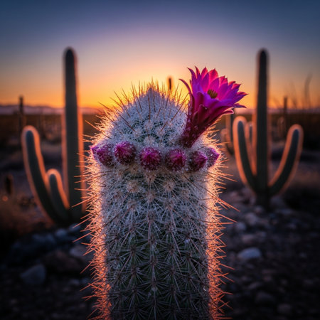 Cactus with pink flowers at sunset in Saguaro National Park, Arizonaの素材