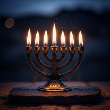 Religion image of jewish holiday Hanukkah background with menorah (traditional candelabra) and burning candlesの素材