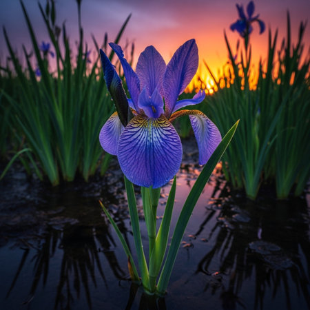 Blue iris flower on the background of the setting sun in the field.の素材