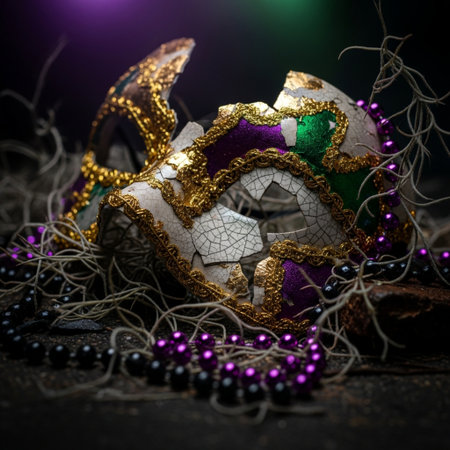 Traditional Venetian carnival mask on dark background. Selective focus.の素材