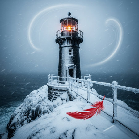 Lighthouse in winter with red feather on a snowy cliff. 3d renderingの素材