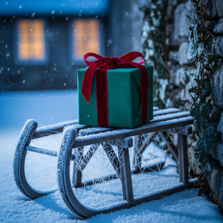 Santa Claus sleigh with gift box on snow. Christmas concept.の素材