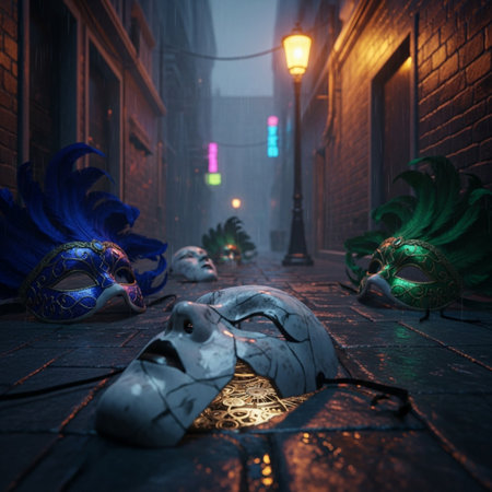 Venetian masks at night in Venice, Italy. 3D rendering.の素材