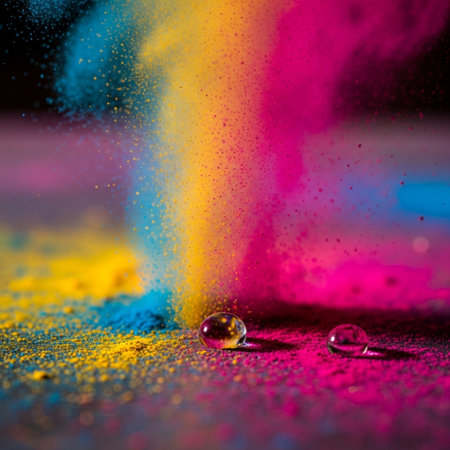 Colorful holi powder with water droplets on black background.の素材