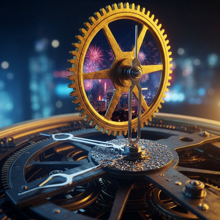 Gears and cogs mechanism with cityscape in the background. 3D renderingの素材