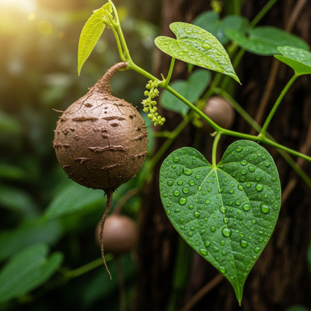 Cotton plant with water droplets on its leaves and fruits.の素材