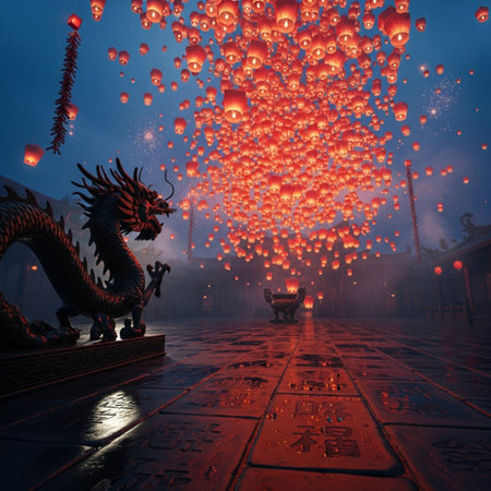 Chinese dragon with lanterns flying in the sky, 3d renderingの素材