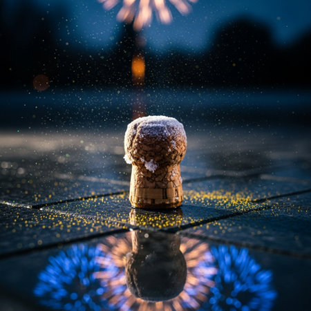 Champagne cork with snow and fireworks in the background. Selective focusの素材