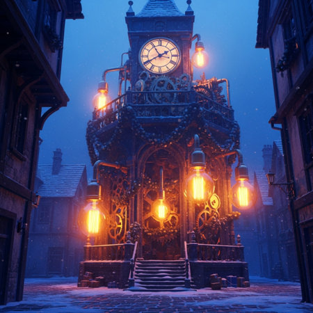 Old town street with clock tower at night, London, UK.の素材