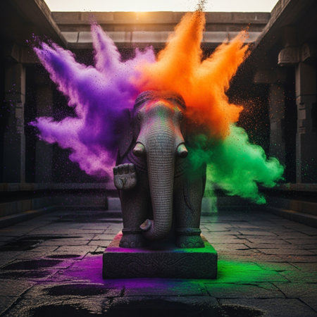 Ganesh statue with colored powder in the form of a rainbowの素材