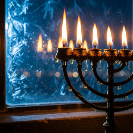 Image of jewish holiday Hanukkah background with menorah (traditional candelabra) and burning candlesの素材