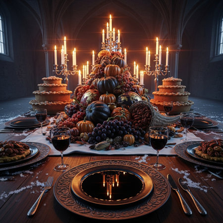 Festive table setting with pumpkins, grapes, nuts and candlesticksの素材