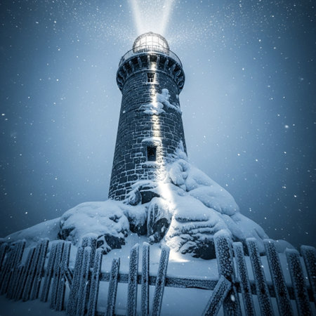 Lighthouse in winter with snow and starry sky. Toned.の素材