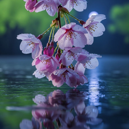 cherry blossom on a dark background with water drops, close-upの素材