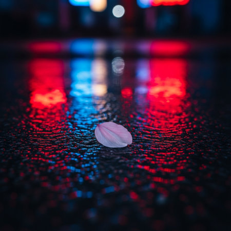 Flower petals on the wet floor in the night city.の素材