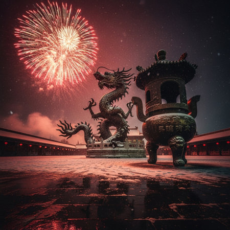 Chinese dragon statue and firework in Forbidden City, Beijing, Chinaの素材