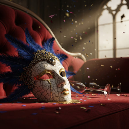 Carnival mask with feathers and confetti on a red sofaの素材