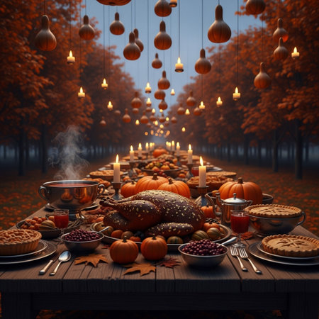 Autumn table setting with pumpkins, apples, croissants, pies and candiesの素材