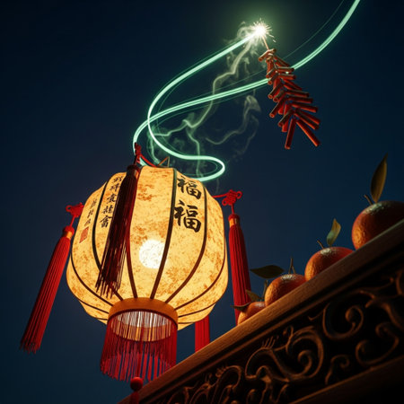 Chinese lanterns and firecracker in the night sky, Chinese new year conceptの素材