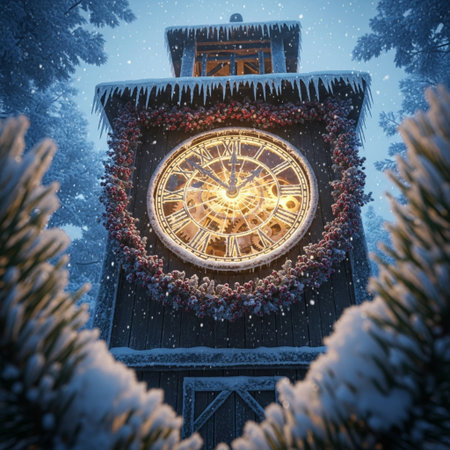 Wooden clock in the snow-covered park. Christmas background.の素材