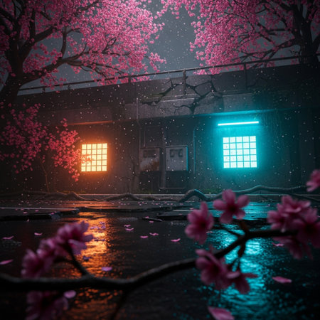 Cherry blossoms in a rainy night, Chengdu, Sichuan Province, Chinaの素材