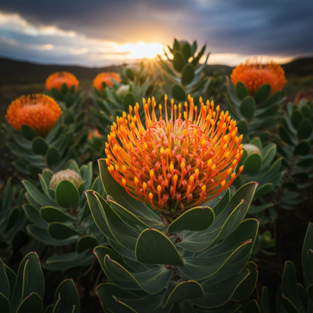 Orange Pincushion protea flower in sunset light, South Africaの素材