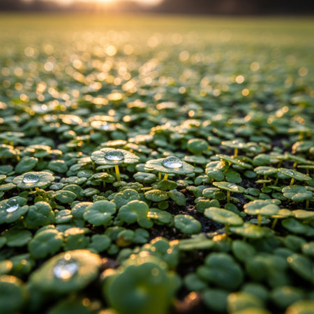 Water droplets on a small seedling in the field at sunsetの素材
