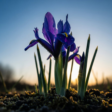 Purple iris flowers growing in the soil. Early spring.の素材