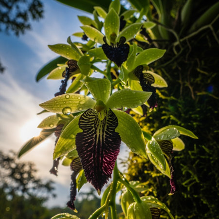 Beautiful orchid flower in the garden at sunset time. Nature background.の素材