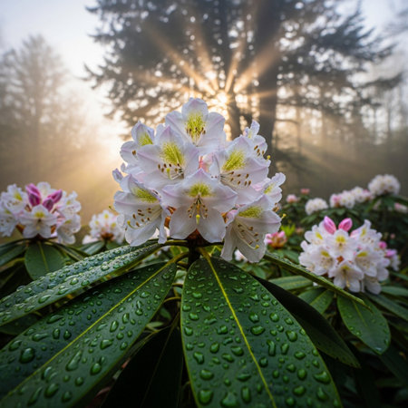 Rhododendron flowers on a foggy spring morning.の素材