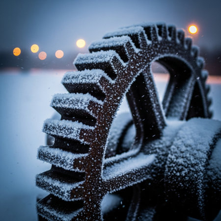 Close-up of a snow-covered gear wheel on a snowy winter dayの素材