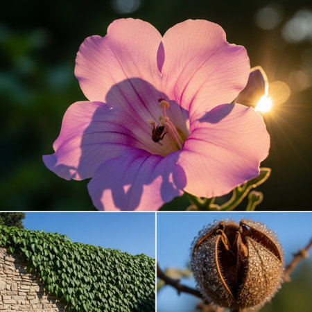 Collage of beautiful pink flowers with green leaves on a sunny dayの素材
