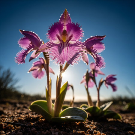 Purple orchid flower on the ground with blue sky background.の素材