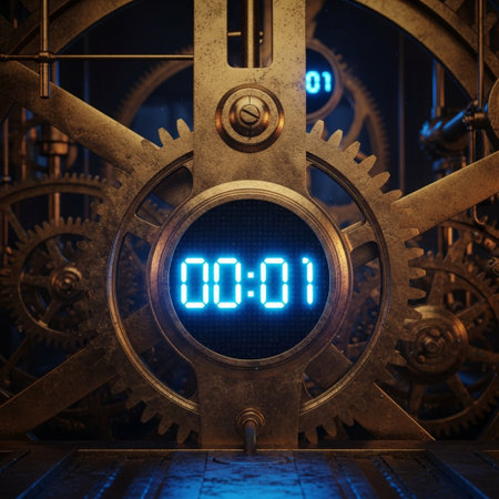 Digital clock on the mechanism of a cogwheels. 3D renderingの素材