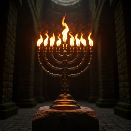 Menorah with burning candles on dark background. Hanukkah celebration.の素材