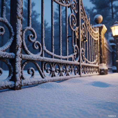 Winter landscape with snow-covered fence and lanterns in the parkの素材