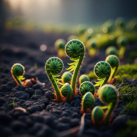 Young sprouts of a fern plant in the ground in the sunlight.の素材